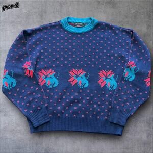 Vintage Playboy Sweater Mens Medium Blue Cat Graphic Novelty Knit Pullover 80s